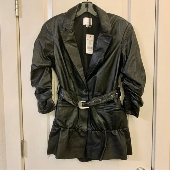 🖤 Cinq a Sept Black Genuine Leather Skirted Ruffle Peplum Belted Blazer Jacket - Picture 4 of 13